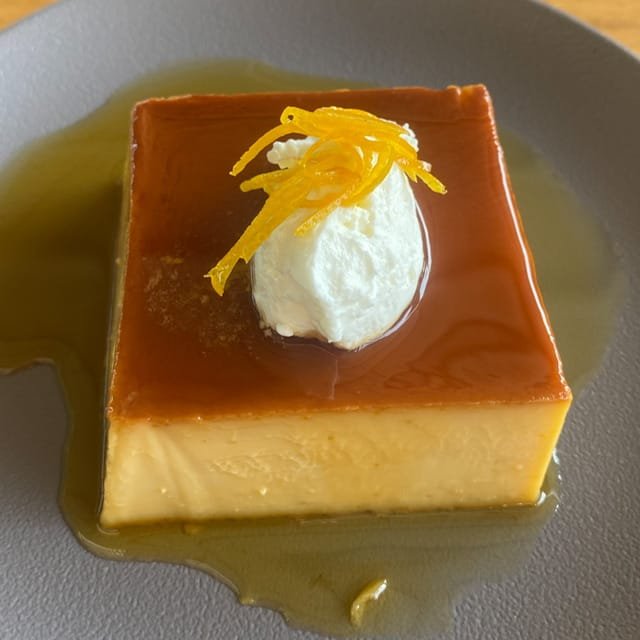 Custard with caramel and whipped cream