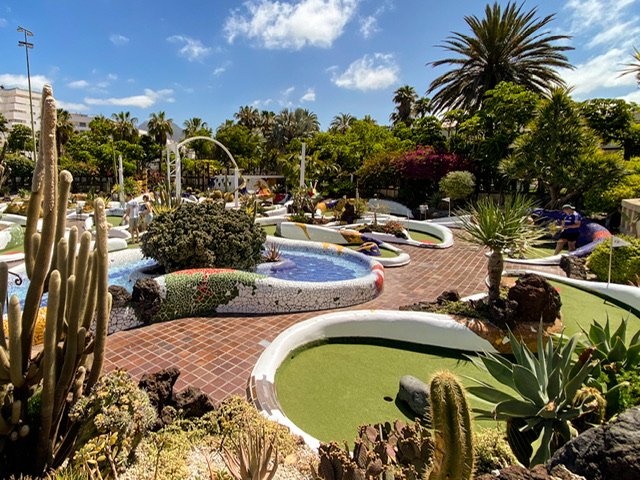 A plant-filled mini-golf course