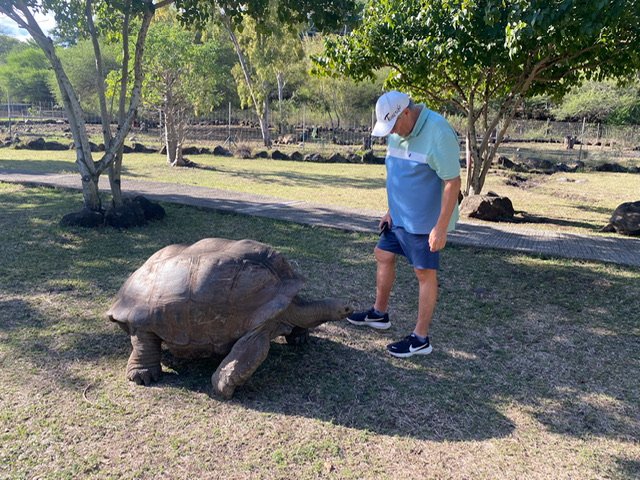 A man and a giant tortoise